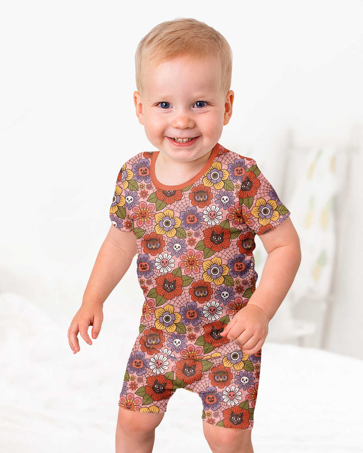70s Halloween Floral Bamboo Two Piece Short Sleeve Shorts Pajama Set