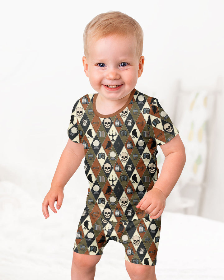 Retro Gothic Halloween Patchwork Bamboo Two Piece Short Sleeve Shorts Pajama Set