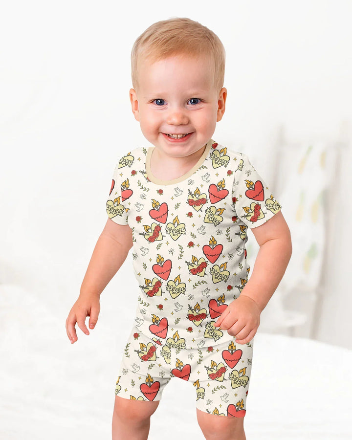 Three Sacred Hearts Bamboo Two Piece Short Sleeve Shorts Pajama Set