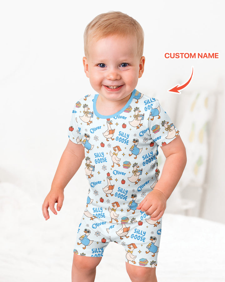 Custom Name Silly Goose Back to School Bamboo Two Piece Short Sleeve Shorts Pajama Set