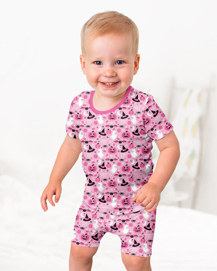 Cute Pink Halloween Ghost Pumpkin Witch Bamboo Two Piece Short Sleeve Shorts Pajama Set