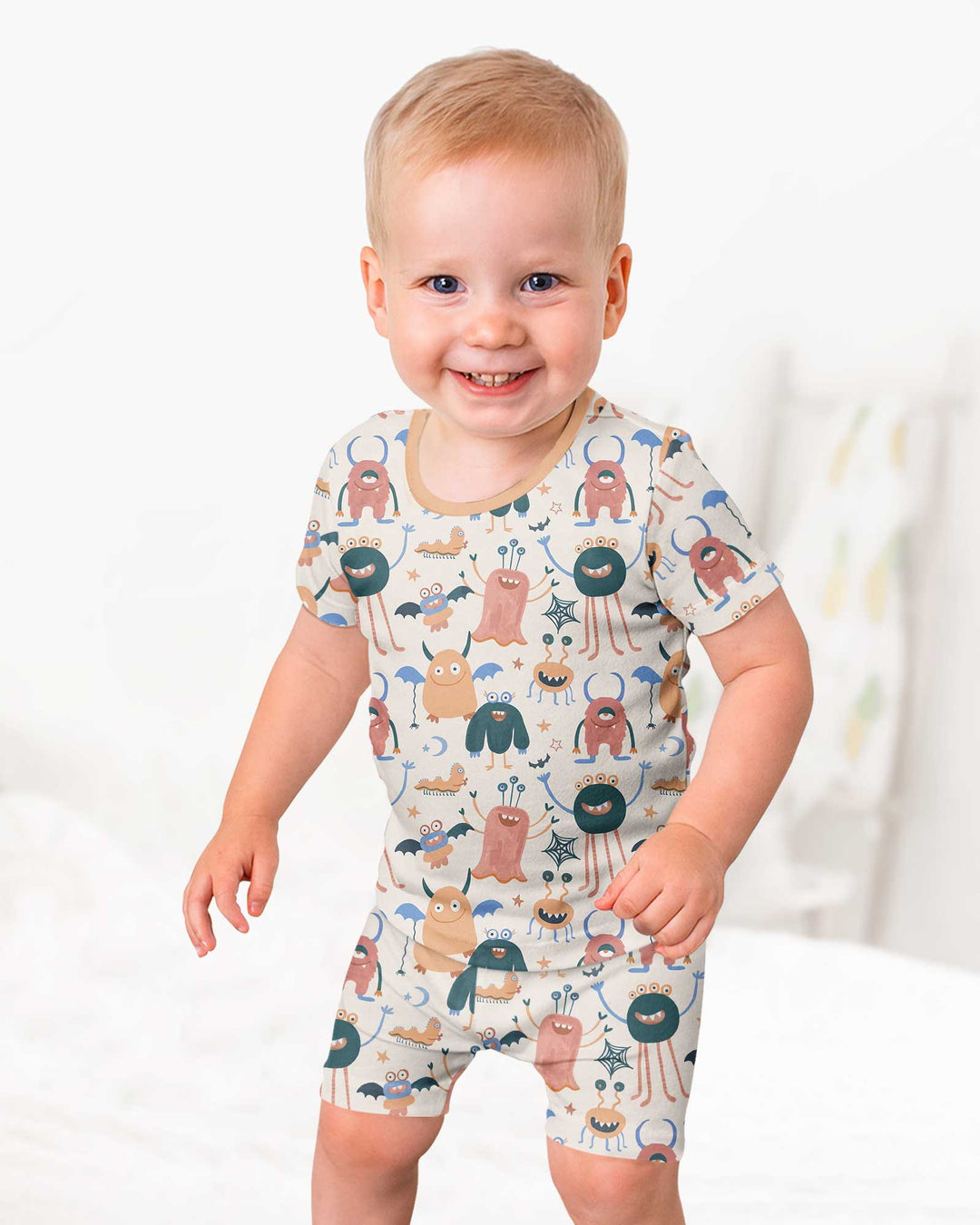 Monsters Fun Pastels Hand Painted Cute Bamboo Two Piece Short Sleeve Shorts Pajama Set