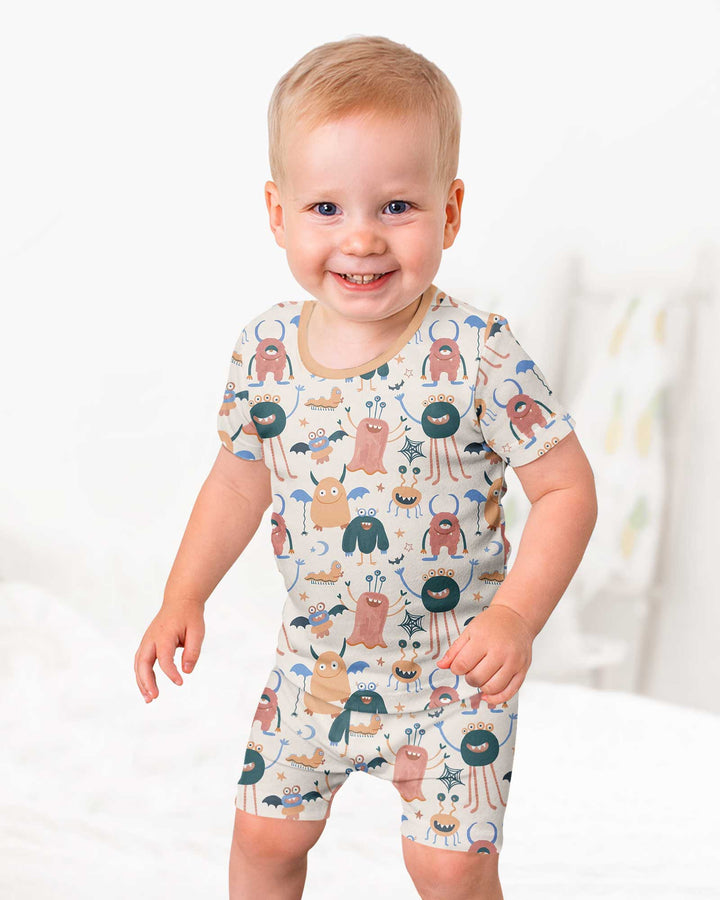 Monsters Fun Pastels Hand Painted Cute Bamboo Two Piece Short Sleeve Shorts Pajama Set