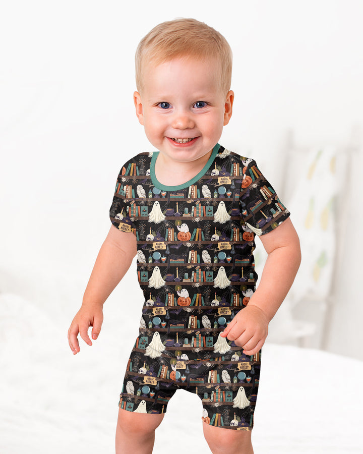Cute Ghost Witchy Halloween Magic Library Bamboo Two Piece Short Sleeve Shorts Pajama Set