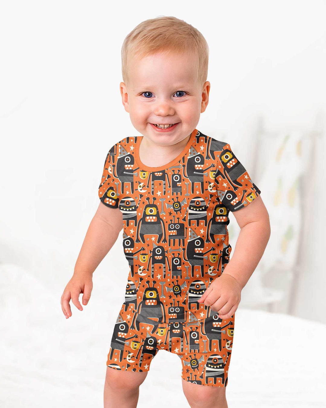 Mid Century Halloween Monster Toss Bamboo Two Piece Short Sleeve Shorts Pajama Set