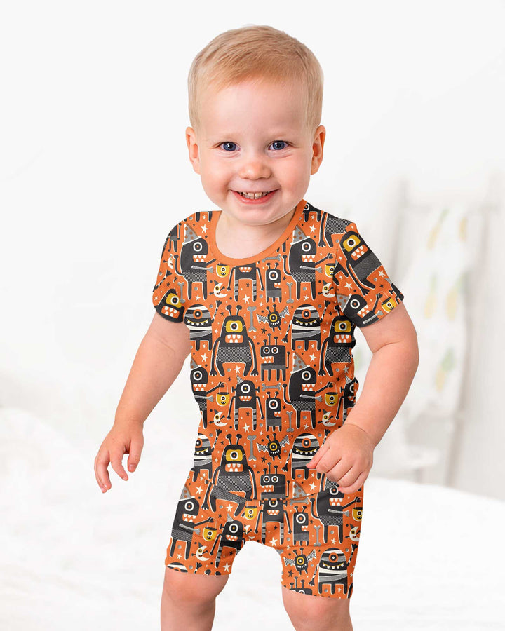 Mid Century Halloween Monster Toss Bamboo Two Piece Short Sleeve Shorts Pajama Set