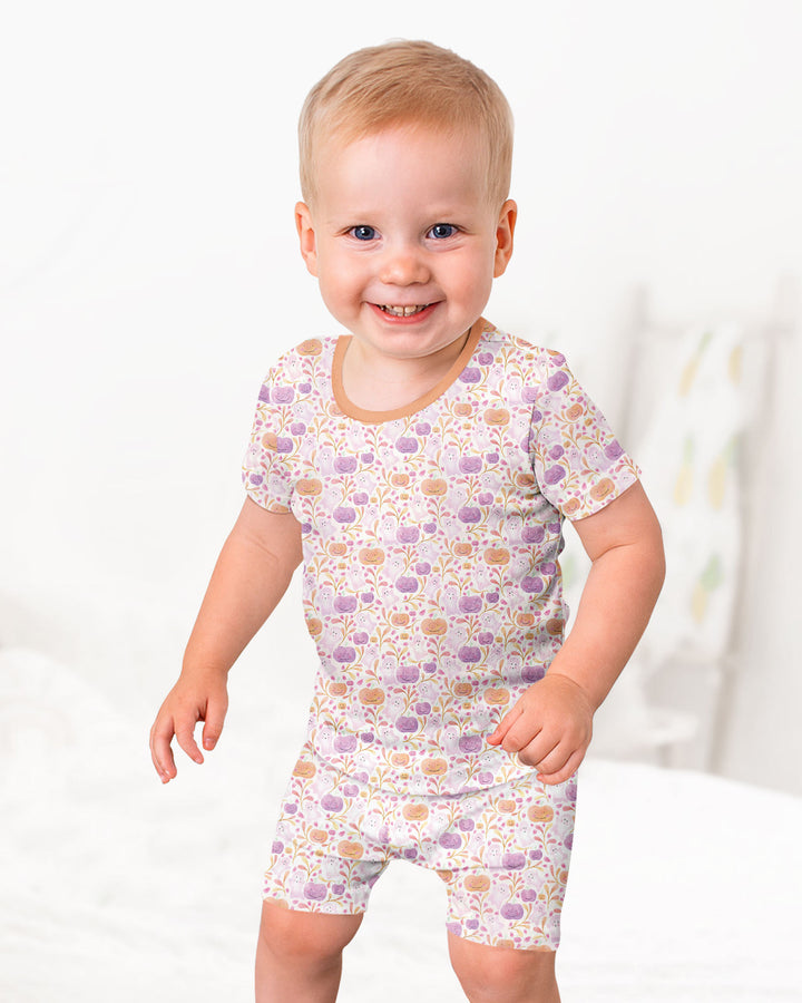 Pastel Pumpkins and Ghosts Bamboo Two Piece Short Sleeve Shorts Pajama Set