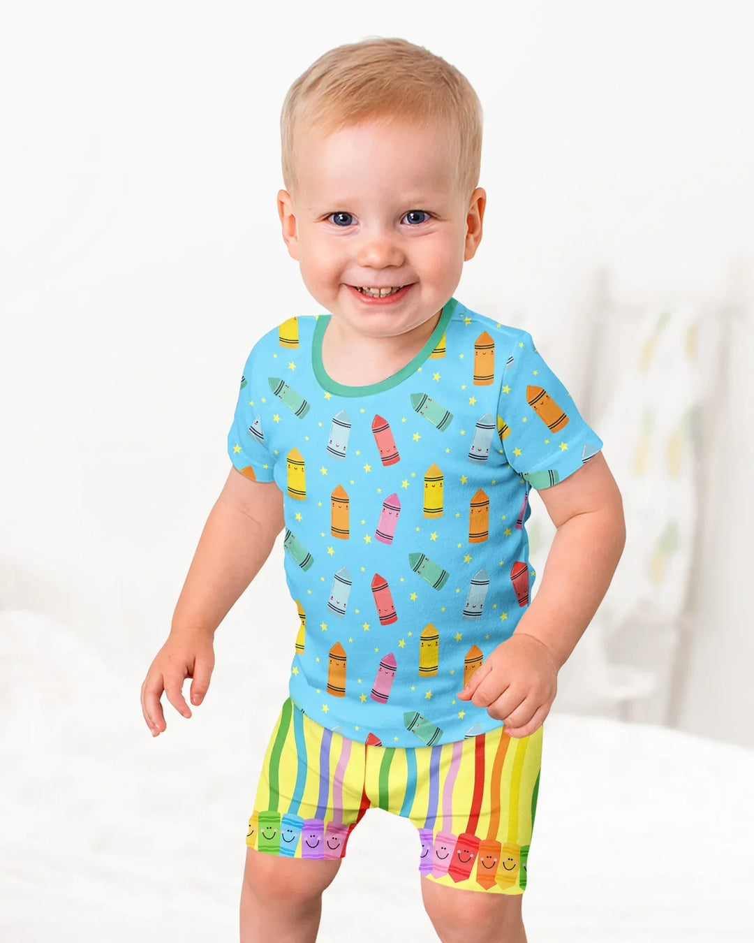 Happy Crayon Friends Bamboo Two Piece Short Sleeve Shorts Pajama Set