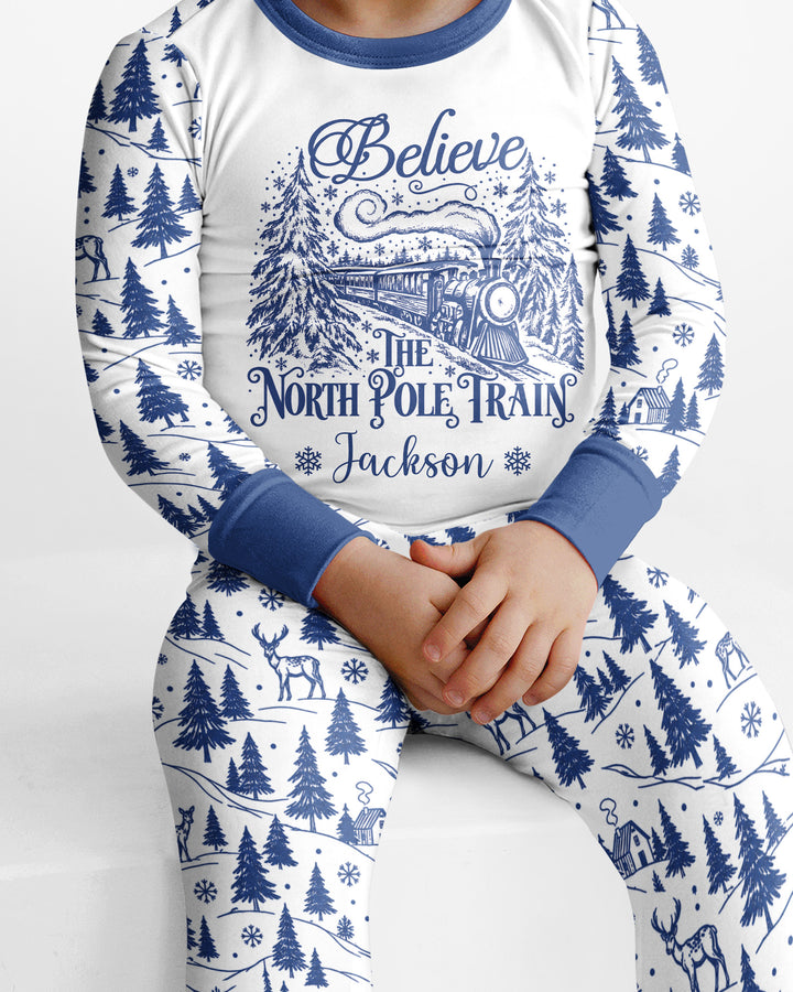 Custom Name North Pole Train Bamboo Two Piece Long Sleeve Pajama Set