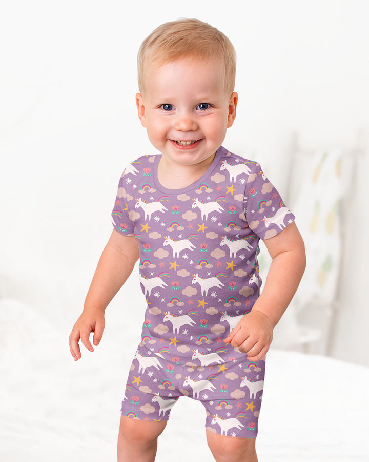 Purple Unicorns Bamboo Two Piece Short Sleeve Shorts Pyjamas Set