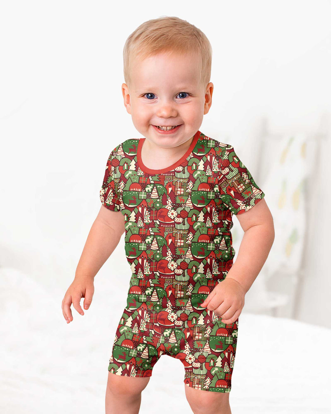 Christmas Time Mosaic Bamboo Two Piece Short Sleeve Shorts Pajama Set