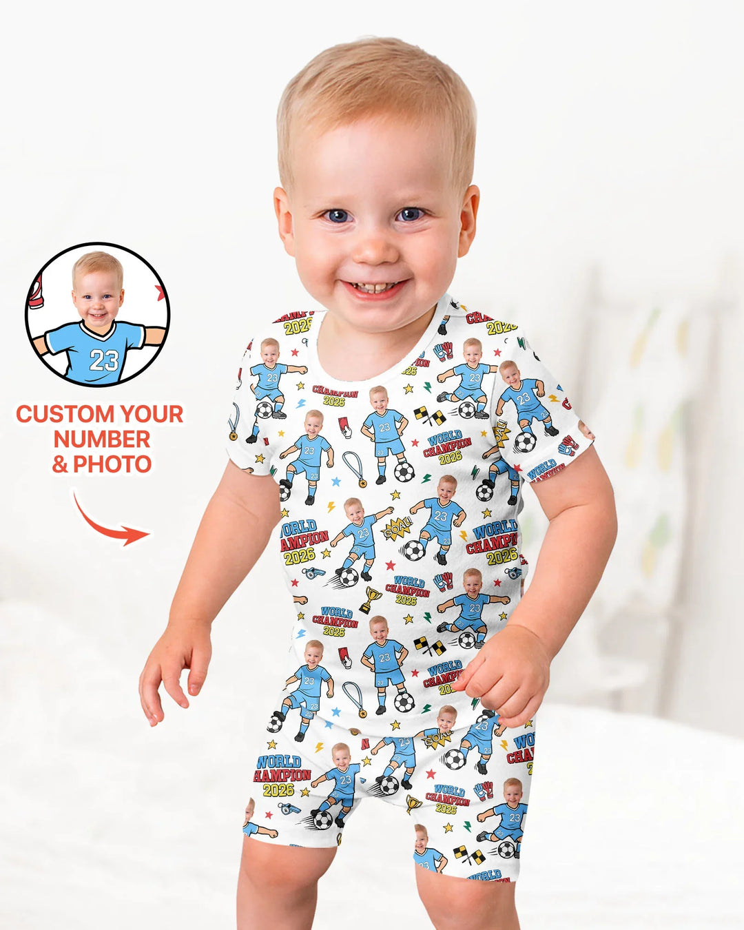 Custom Photo World Champion 2026 Family Matching Bamboo Two Piece Short Sleeve Shorts Pajama Set