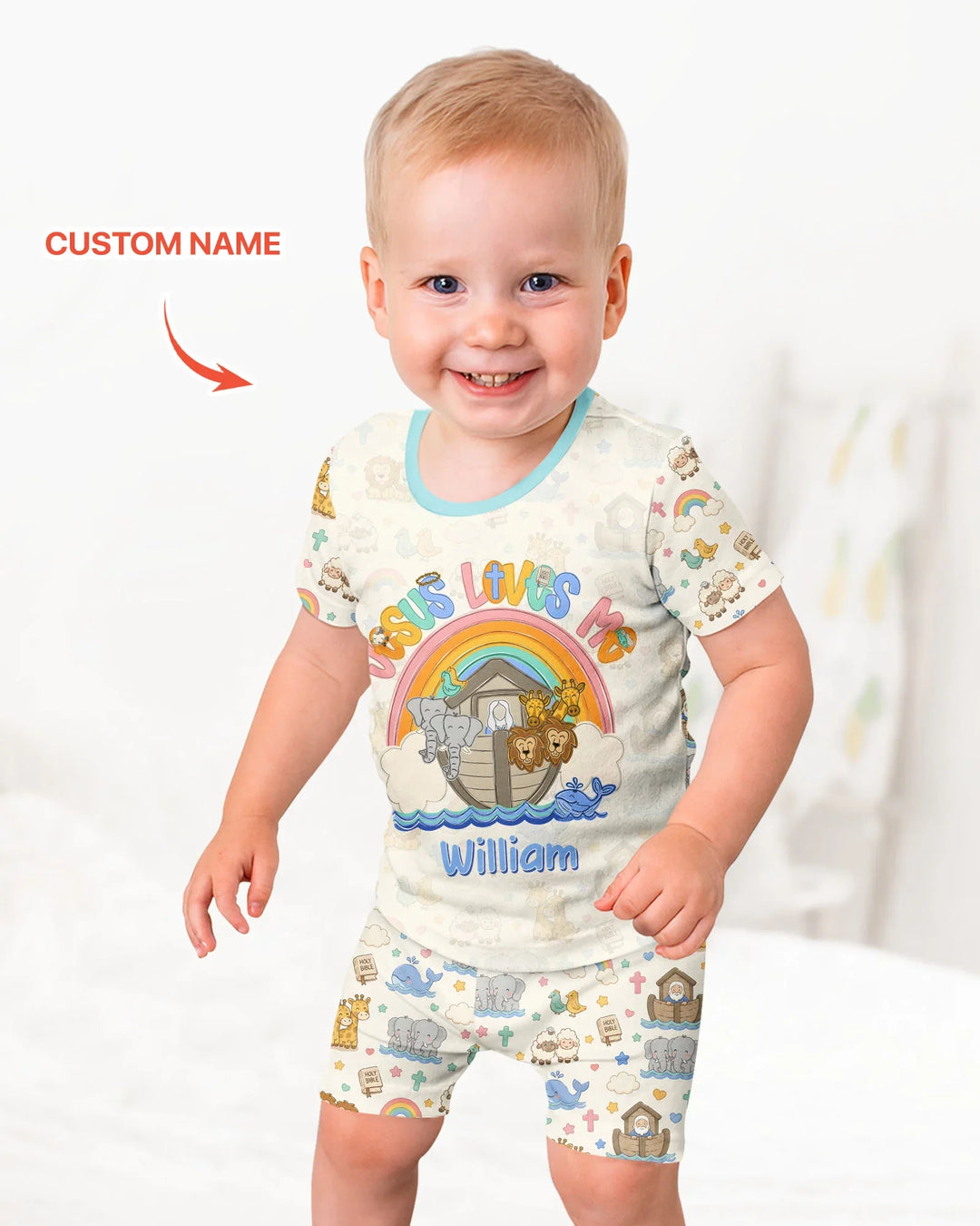 Custom Name Noah's Ark Jesus Loves Me Bamboo Two Piece Short Sleeve Shorts Pajama Set