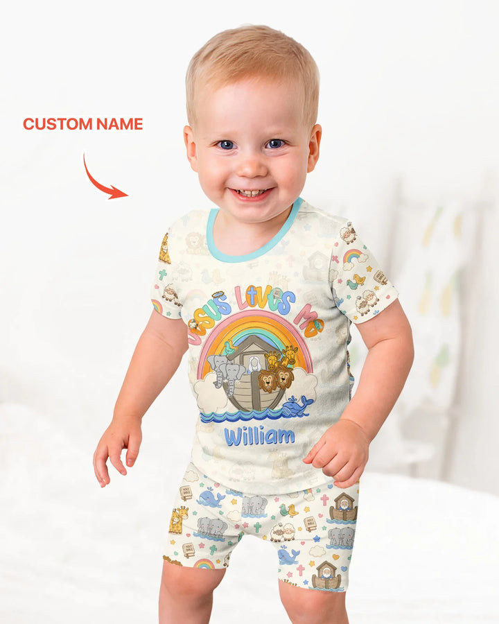 Custom Name Noah's Ark Jesus Loves Me Bamboo Two Piece Short Sleeve Shorts Pajama Set