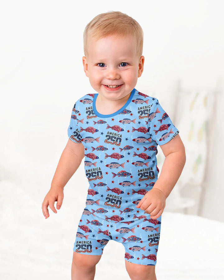 Stars and Stripes Fish Bamboo Two Piece Short Sleeve Shorts Pajama Set