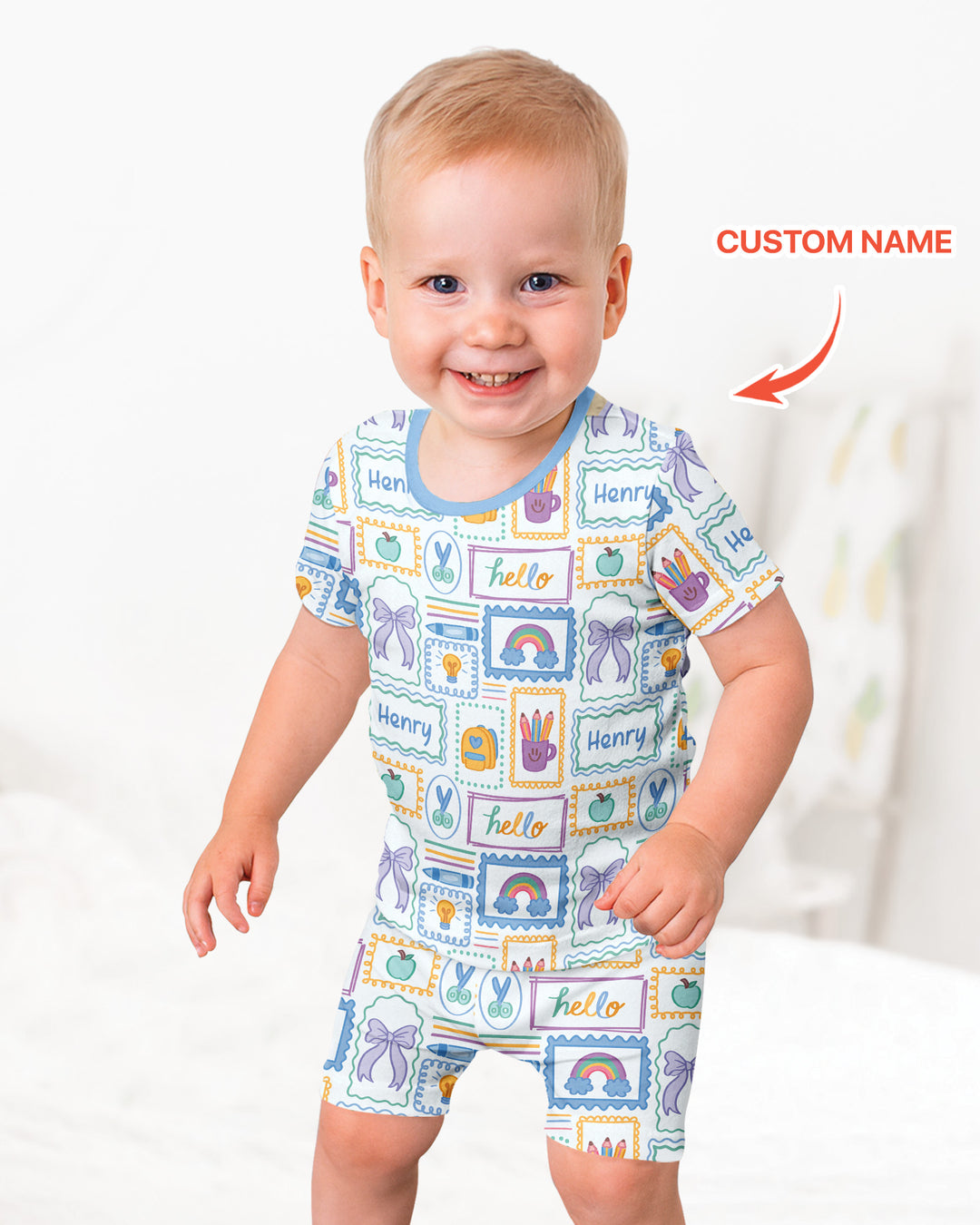 Custom Name Hello School Bamboo Two Piece Short Sleeve Shorts Pajama Set
