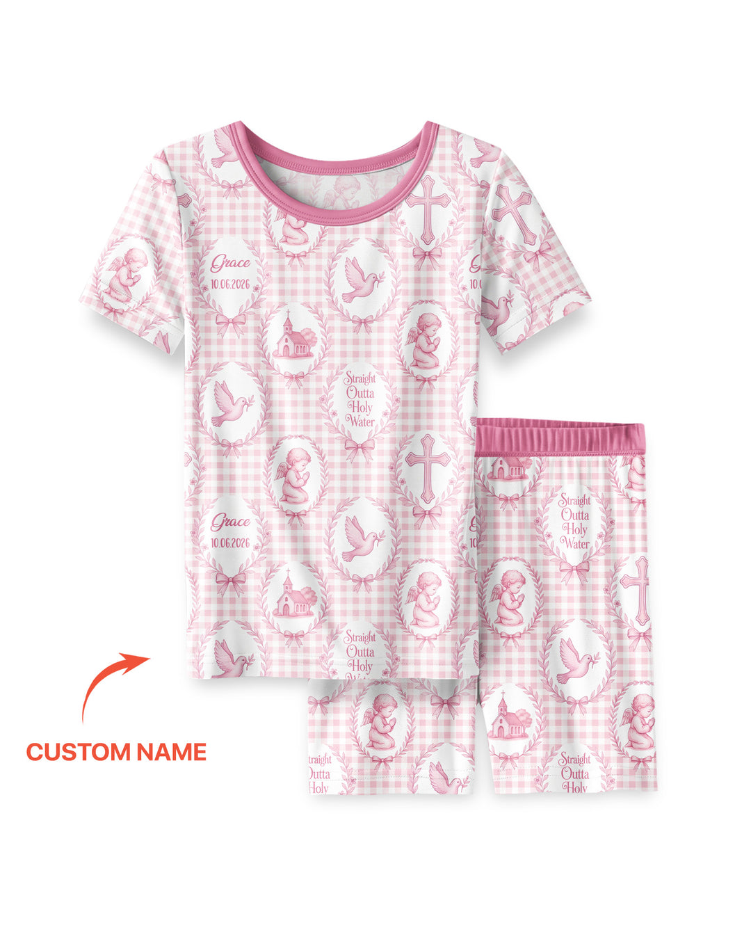 Custom Name Baptism Straight Outta Holy Water Bamboo Two Piece Short Sleeve Shorts Pajama Set