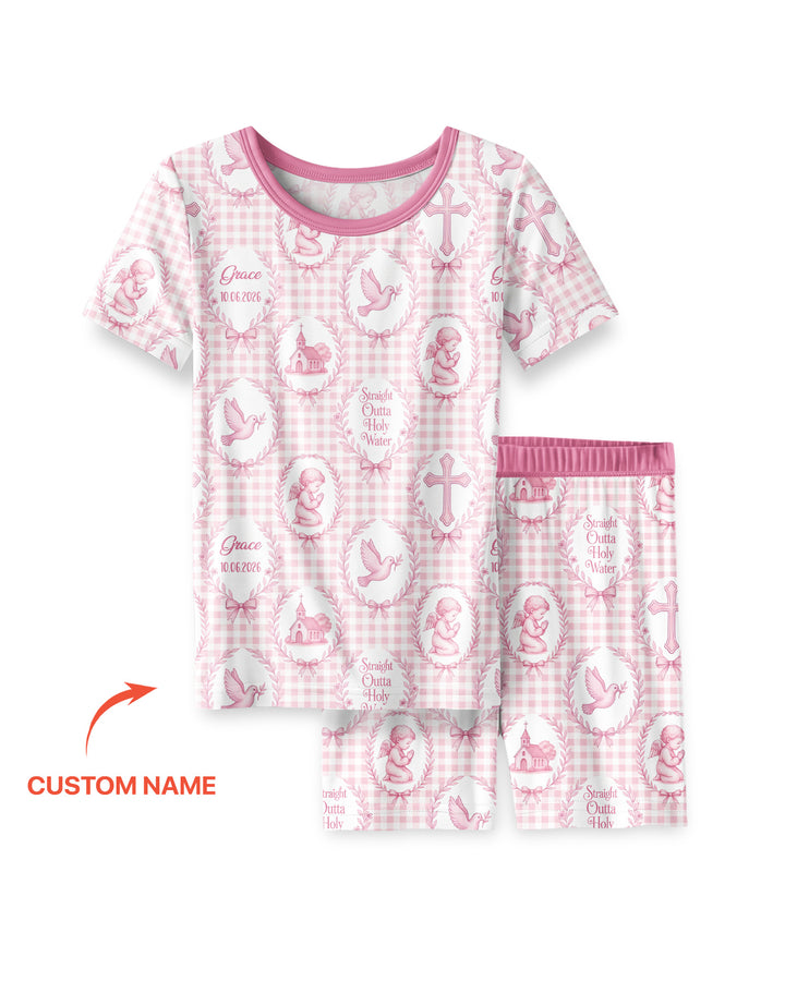 Custom Name Baptism Straight Outta Holy Water Bamboo Two Piece Short Sleeve Shorts Pajama Set