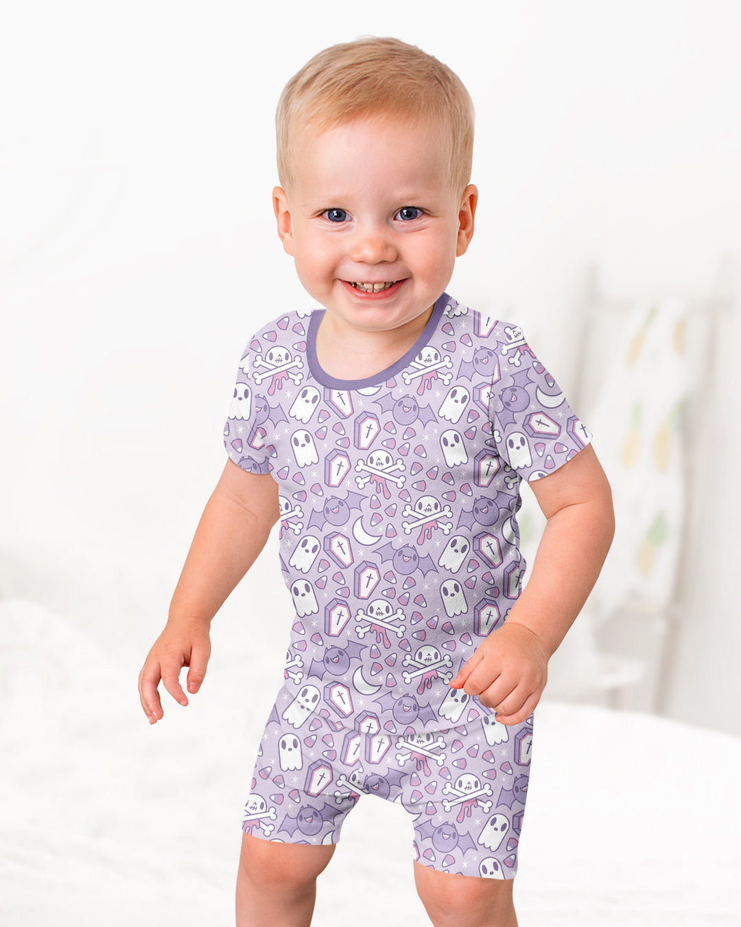 Cute Ghost Halloween Pastel Purple Spooky Bamboo Two Piece Short Sleeve Shorts Pajama Set