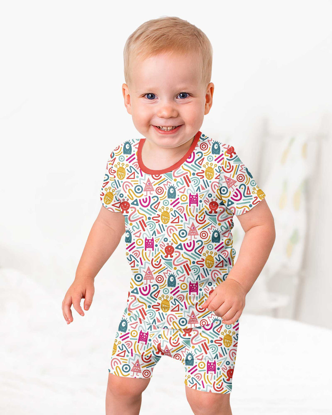 Rainbow Monster Party Bamboo Two Piece Short Sleeve Shorts Pajama Set