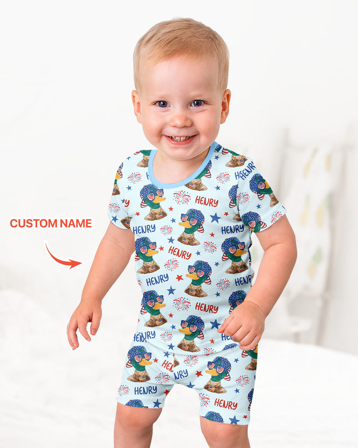 Custom Name Patriotic Mallard Duck Bamboo Two Piece Short Sleeve Shorts Pajama Set