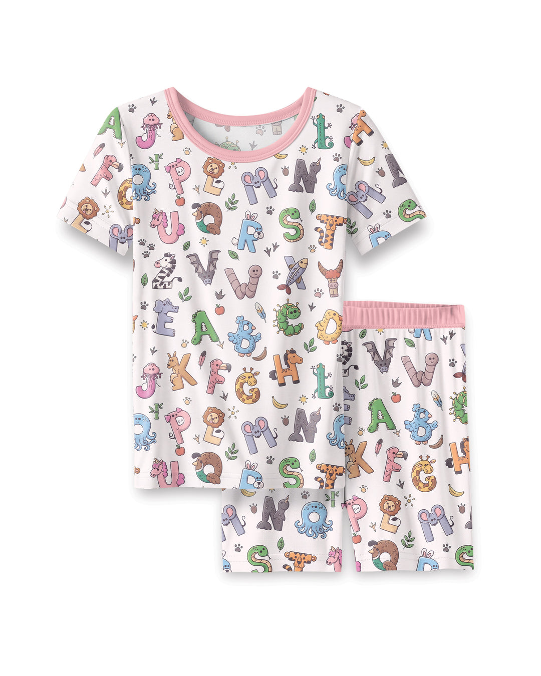Animals Alphabet Bamboo Two Piece Short Sleeve Shorts Pajama Set
