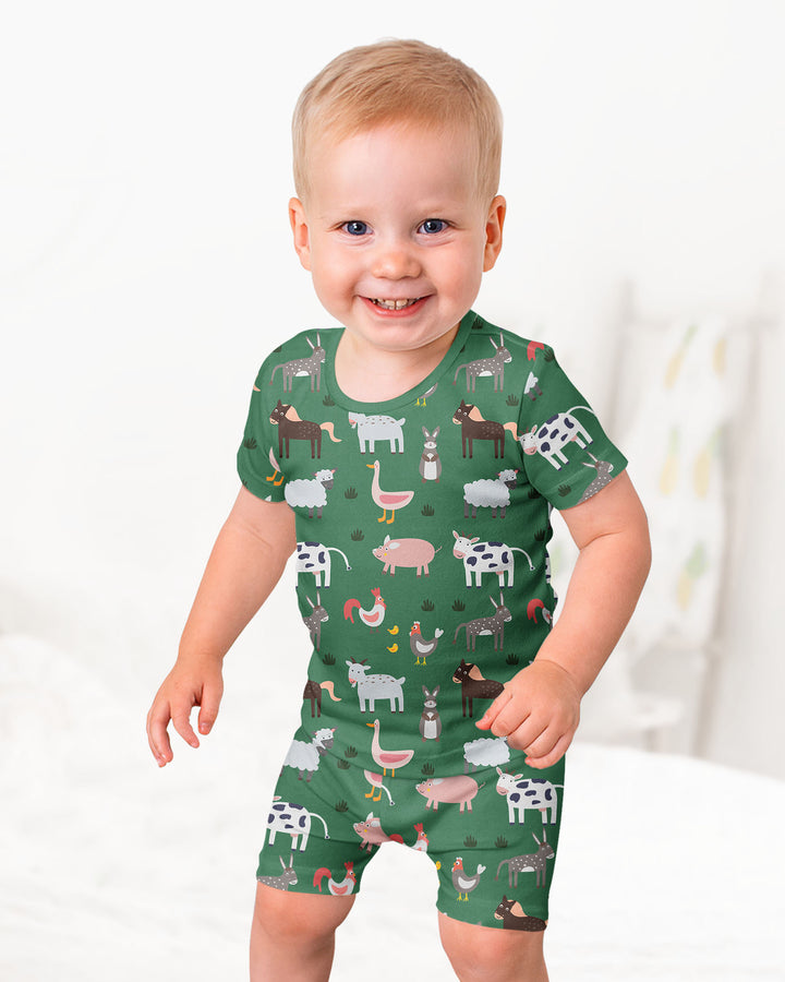 Green Farm Animals Bamboo Two Piece Short Sleeve Shorts Pyjamas Set