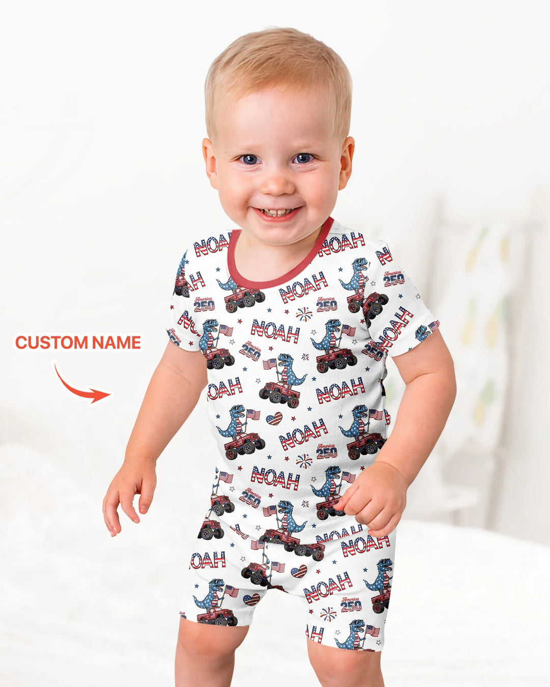 Custom Name American Flag Dinosaur Bamboo Two Piece Short Sleeve Shorts Pajama Set