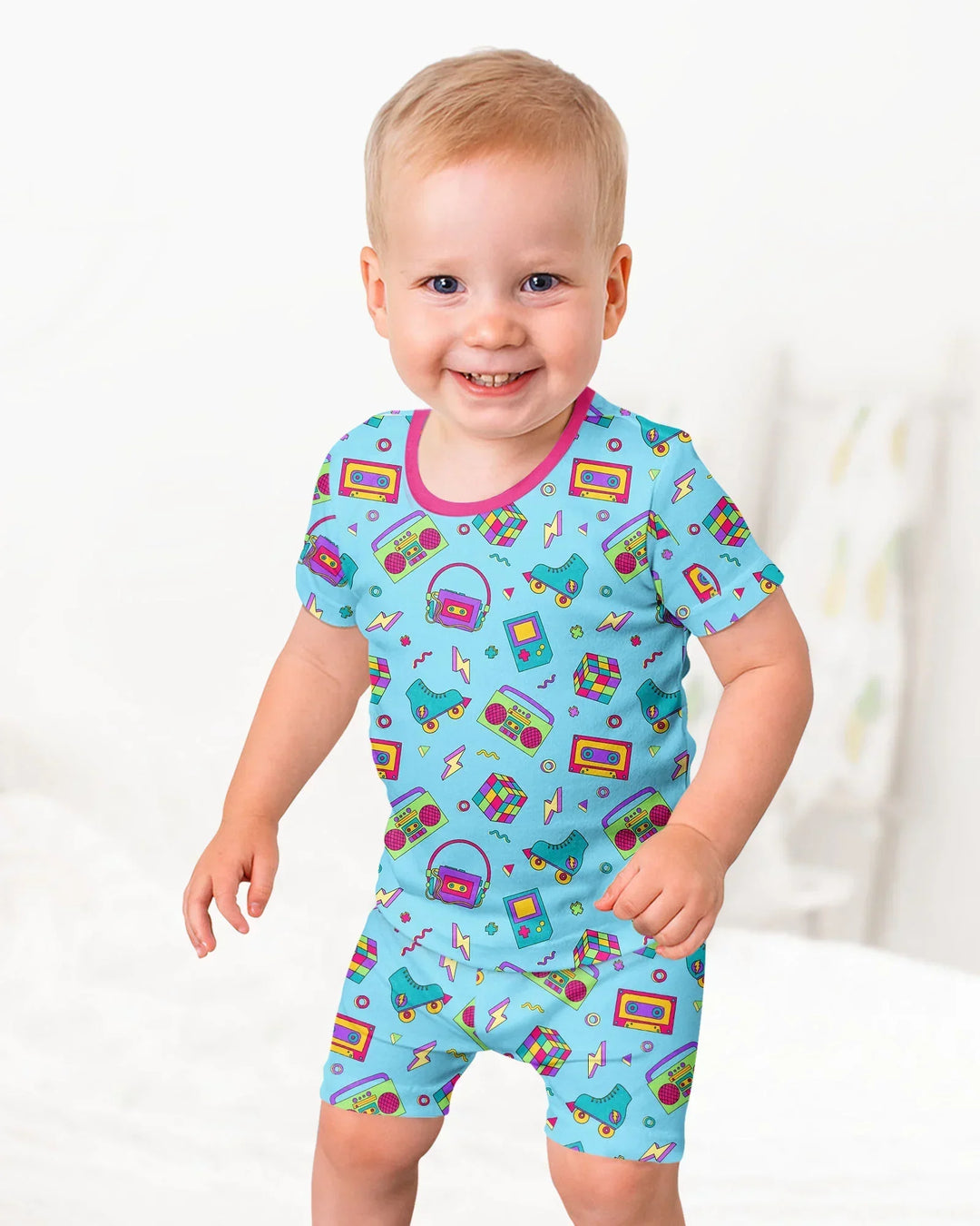 80s Retro Neon Bamboo Two Piece Short Sleeve Shorts Pajama Set