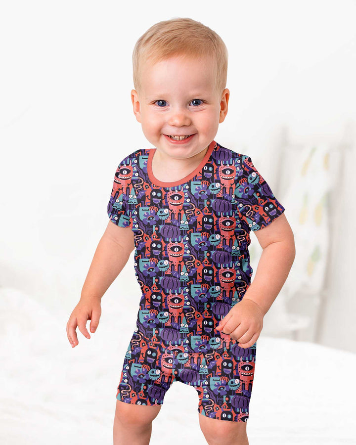 Halloween Multi Eyed Monsters Bamboo Two Piece Short Sleeve Shorts Pajama Set