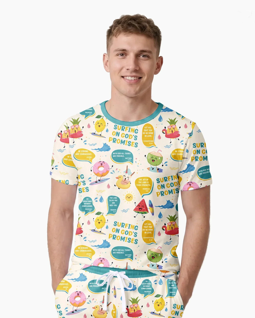 Summer Fruits Surfing On God's Promises Bamboo Men Short Sleeve Short Pajama Set