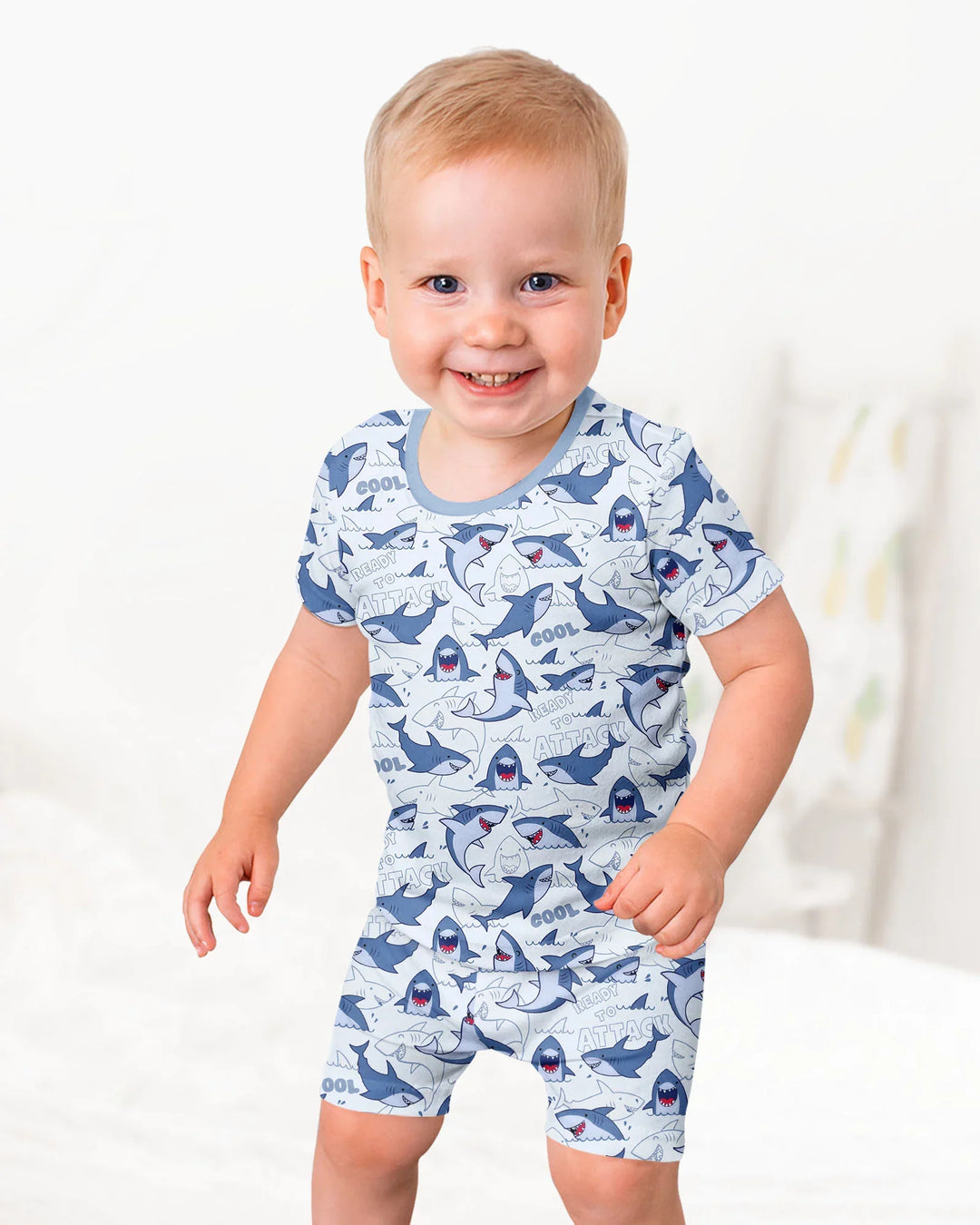 Big Sharks Attack Bamboo Two Piece Short Sleeve Shorts Pajama Set