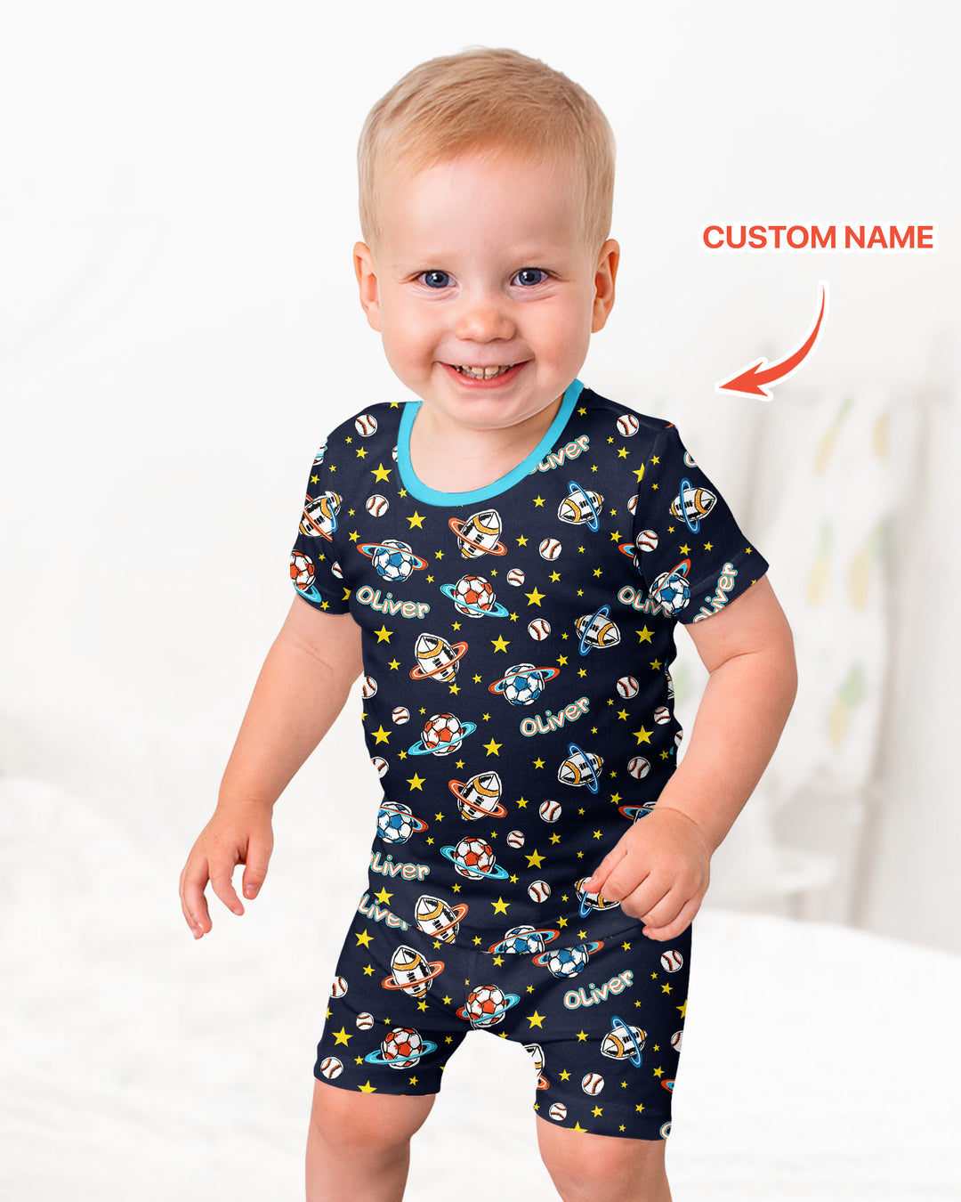 Custom Name Space Sport Bamboo Two Piece Short Sleeve Shorts Pajama Set