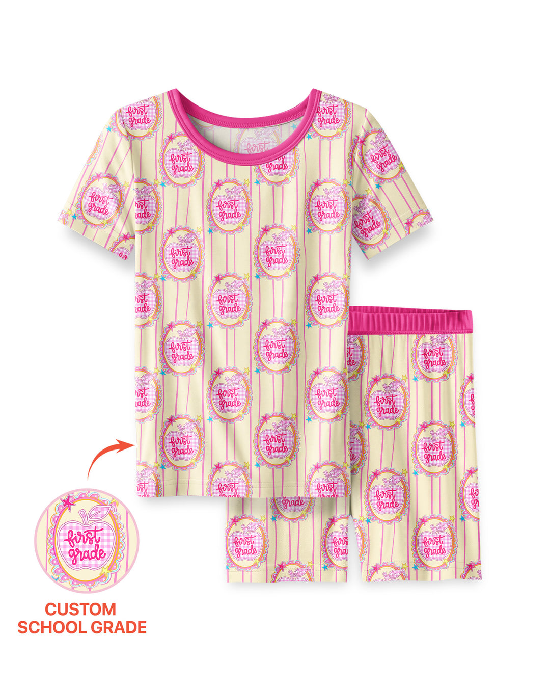 Custom Grade School Sweetie Bamboo Two Piece Short Sleeve Shorts Pajama Set