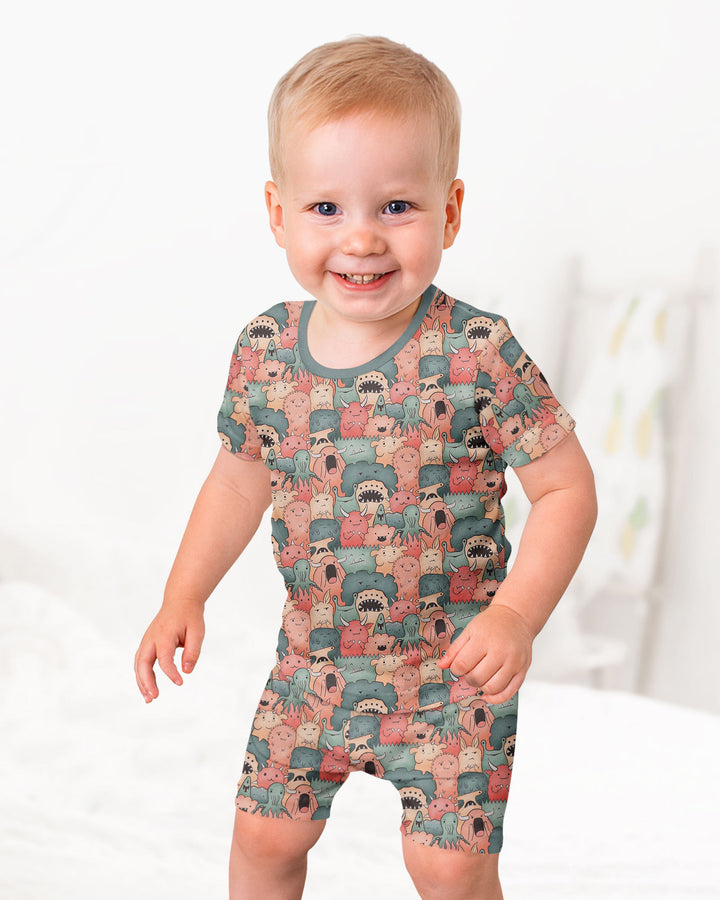 Cute Monster Crowd Bamboo Two Piece Short Sleeve Shorts Pajama Set