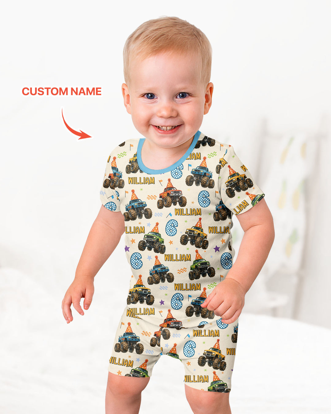 Custom Name Birthday Boy Monster Truck Bamboo Two Piece Short Sleeve Shorts Pajama Set