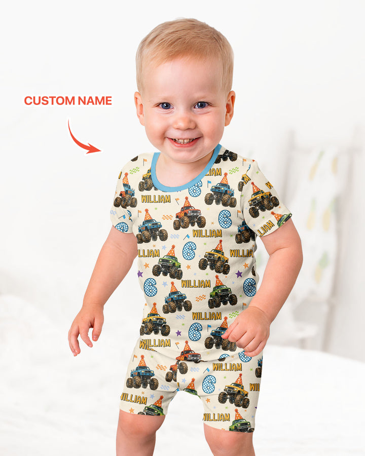 Custom Name Birthday Boy Monster Truck Bamboo Two Piece Short Sleeve Shorts Pajama Set
