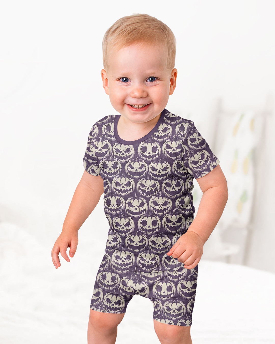 Retro Halloween Jack-O-Lantern Spooky Faces Bamboo Two Piece Short Sleeve Shorts Pajama Set