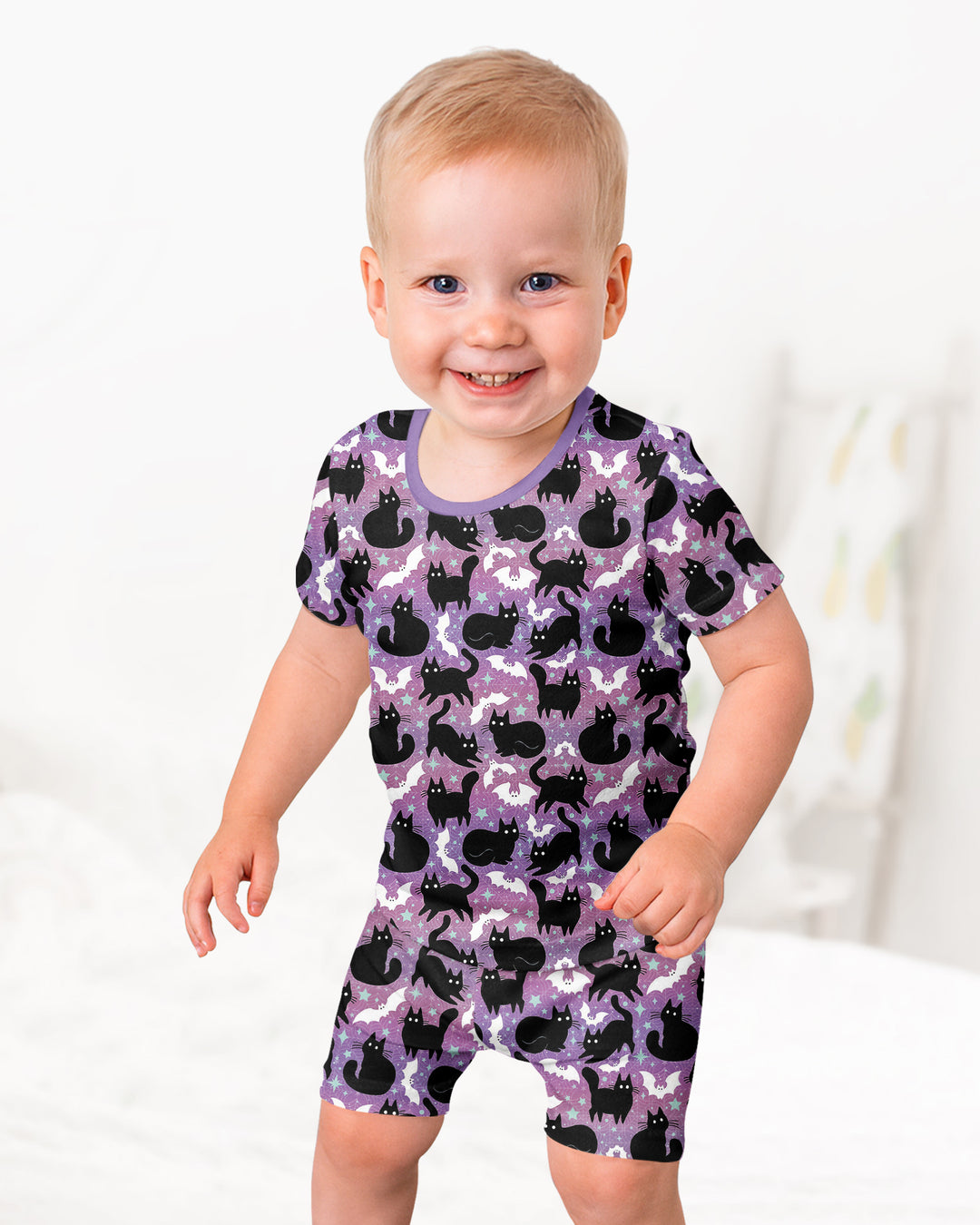 Spooky Black Cat Halloween Purple Bats Bamboo Two Piece Short Sleeve Shorts Pajama Set