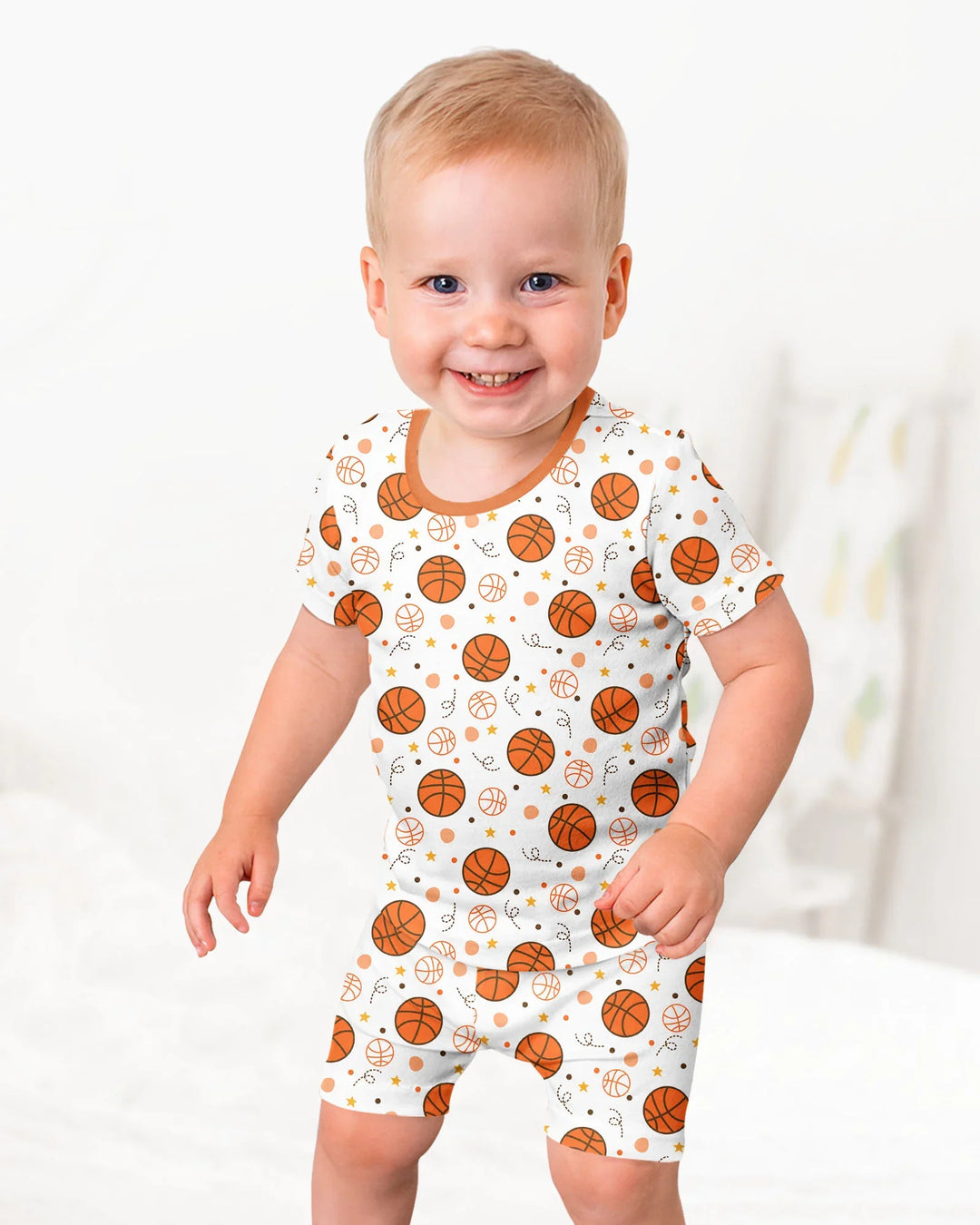 Orange Basketball Bamboo Two Piece Short Sleeve Shorts Pyjamas Set