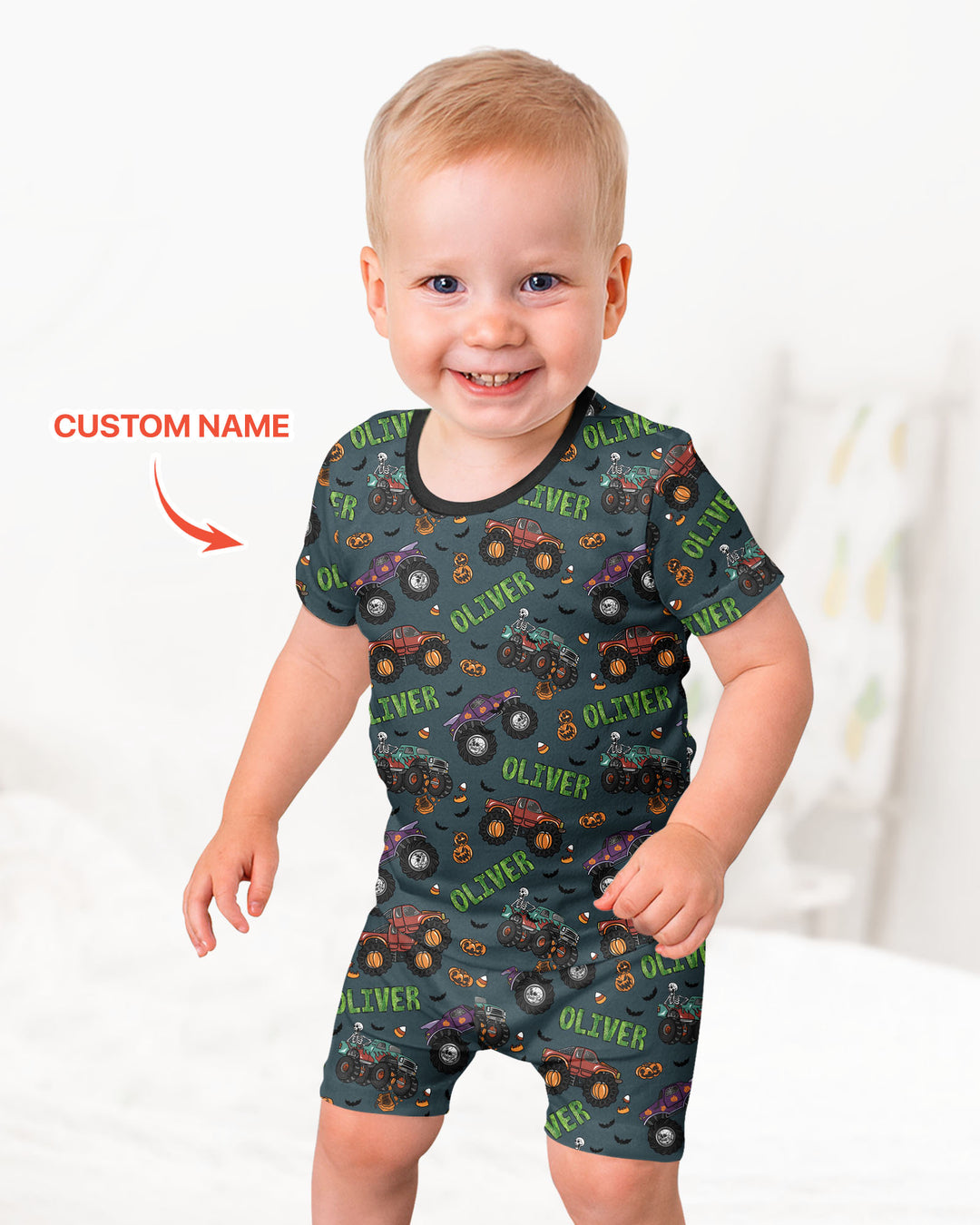 Custom Name Haunted Monster Trucks  Bamboo Two Piece Short Sleeve Shorts Pajama Set