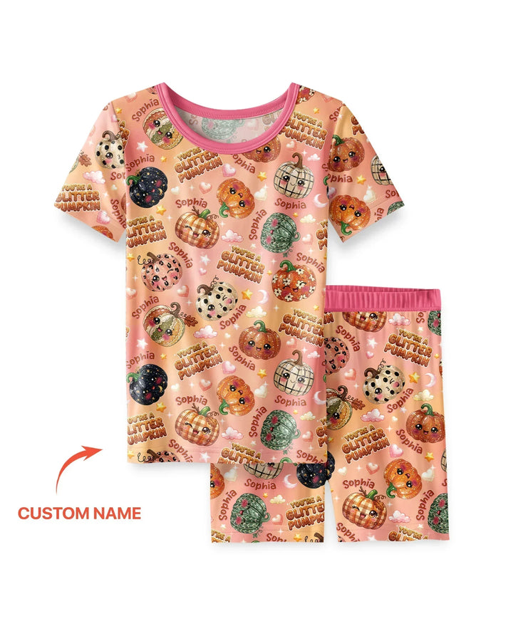 Custom Name You're A Glitter Pumpkin Bamboo Two Piece Short Sleeve Shorts Pajama Set