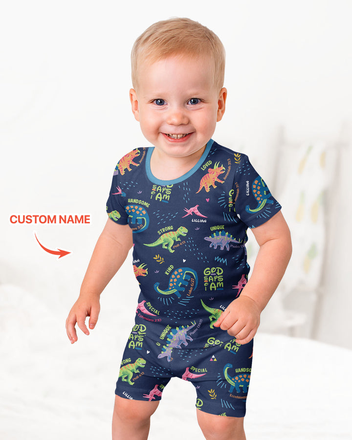 Custom Name God says I am Dinosaur Bamboo Two Piece Short Sleeve Shorts Pyjamas Set