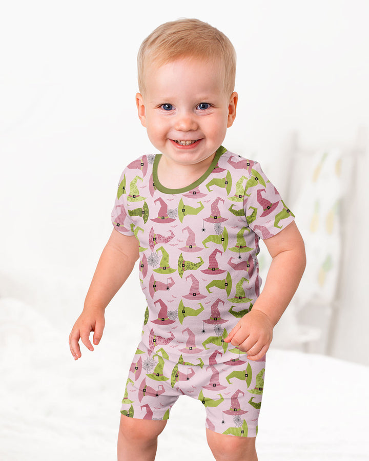 Pink Witch Hat Halloween Bamboo Two Piece Short Sleeve Shorts Pajama Set