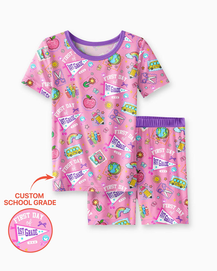 Custom Grade Girls School First Day Bamboo Two Piece Short Sleeve Shorts Pajama Set