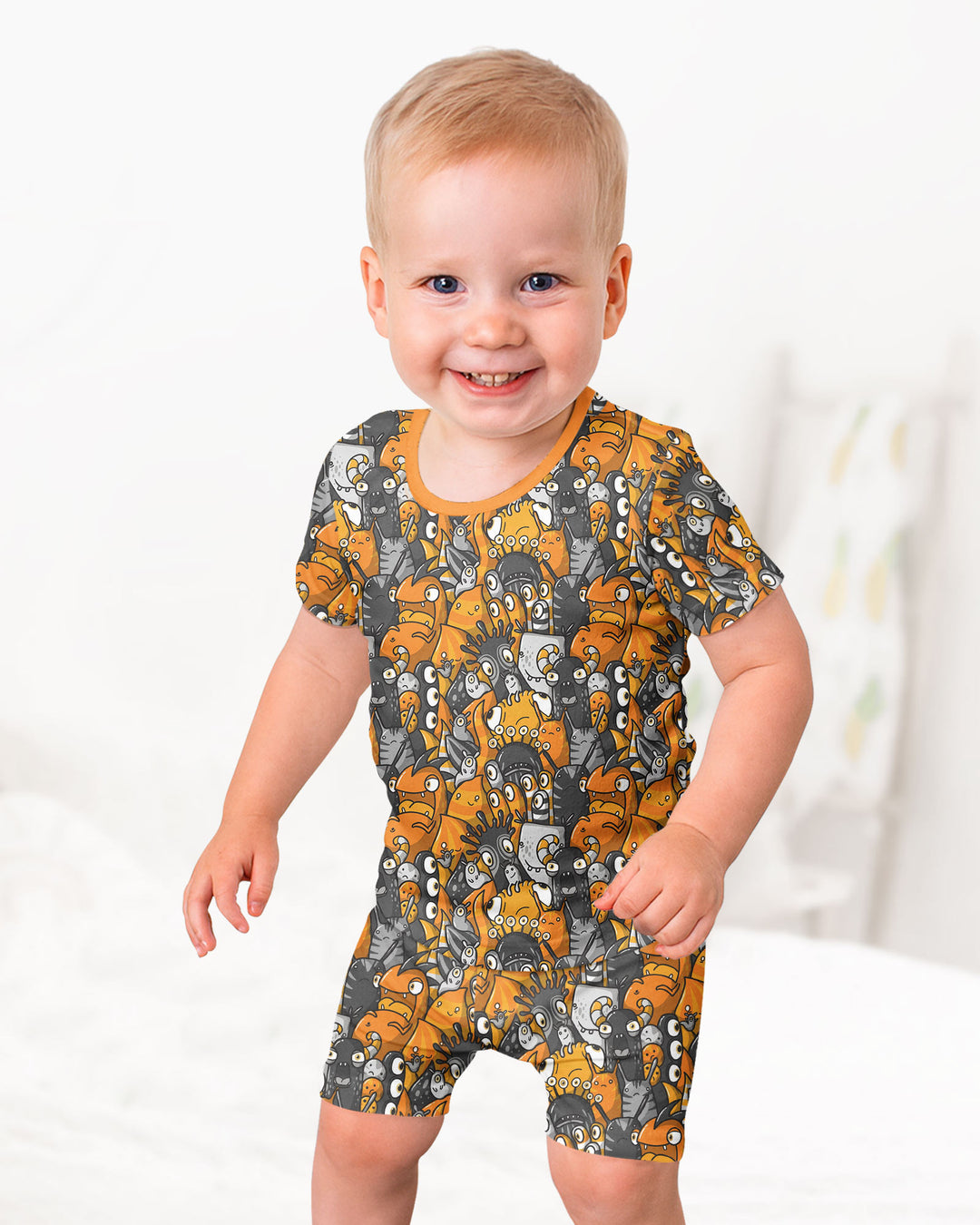 Colorful Doodle Monster Friends Bamboo Two Piece Short Sleeve Shorts Pajama Set