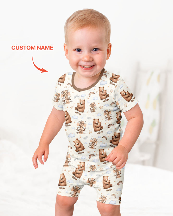 Custom Name Blessed By God Spoiled By Grandma Bamboo Two Piece Short Sleeve Shorts Pajama Set