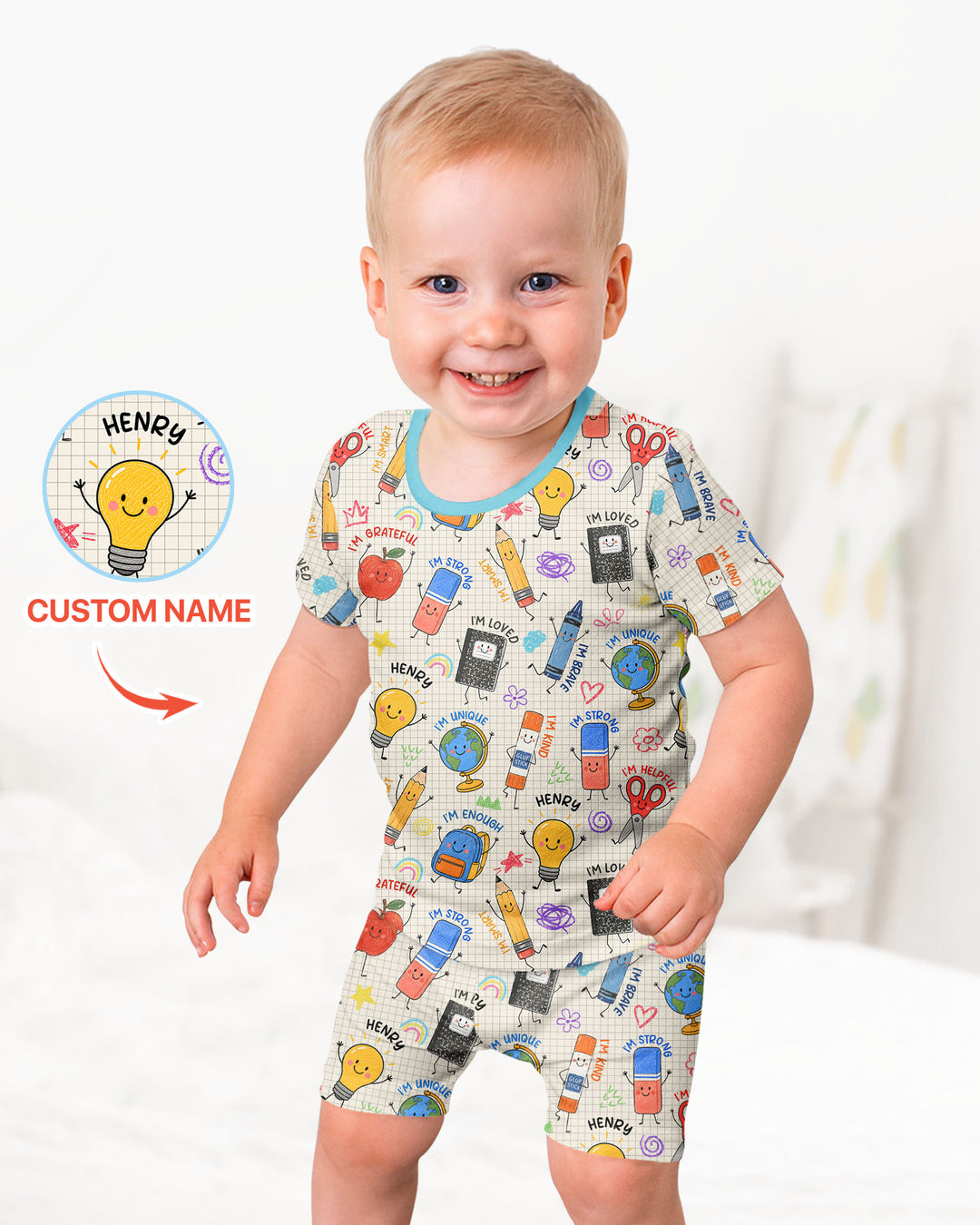 School Squad Custom Name Bamboo Two Piece Short Sleeve Shorts Pajama Set