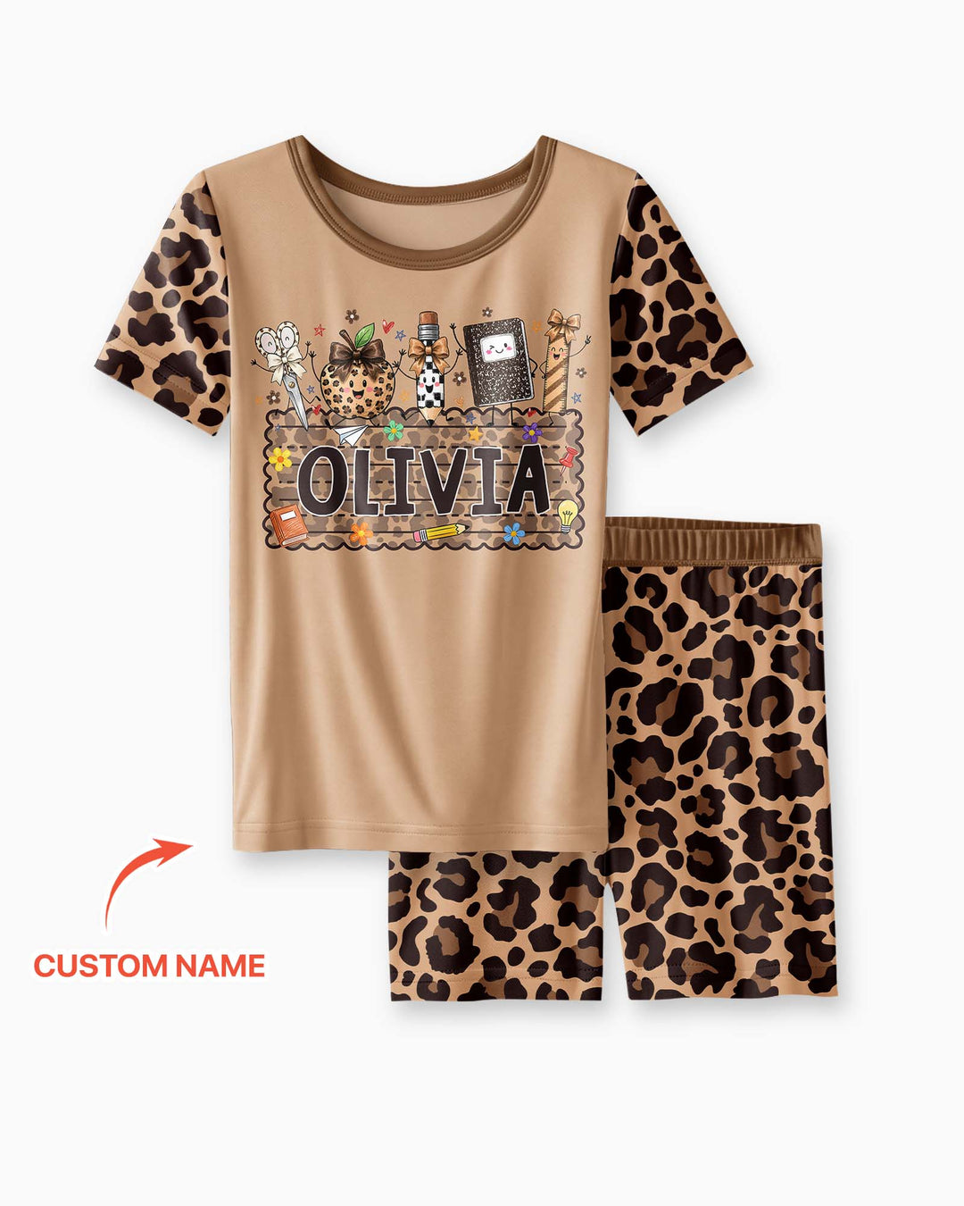 Custom Name School Sweetheart Leopard Bamboo Two Piece Short Sleeve Shorts Pajama Set