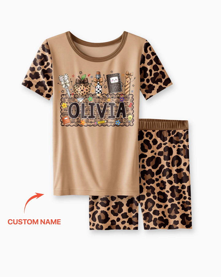 Custom Name School Sweetheart Leopard Bamboo Two Piece Short Sleeve Shorts Pajama Set